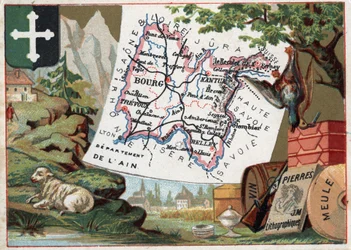 Departamento de Ain (01), Ródano-Alpes, Francia. Especialidad local: cría, caza, vino, rueda de molino y litografía. Serie sobre los Departamentos Franceses. Cromolitografía "el hilo geográfico", circa 1920. Colección privada