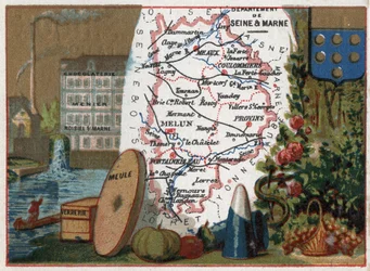 Departamento de Sena y Marne (77), Isla de Francia, Francia. Especialidad local: fábrica de chocolate Menier chocolaterie en Noisiel-sur-Marne, cristalería, piedra de molino. Serie sobre los Departamentos Franceses. Cromolitografía "el hilo geográfico", ci
