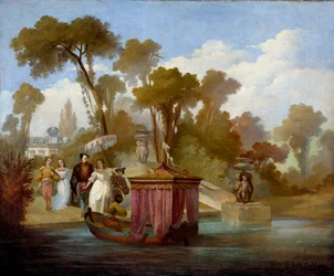 Salida para el paseo (en el siglo XVI). Una pareja esperando para subir a un bote con dosel. Pintura anónima de la escuela francesa