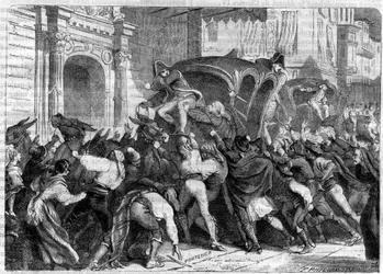 Salida del Rey Fernando VII a Bayona 1808 (Abdicaciones de Bayona) - Salida para la Entrevista de Bayona (1808) - El pueblo en Vitoria en España quiere impedir la salida de Fernando VII hacia Bayona - en "Historia del imperio siguiendo la historia del cons