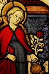 Detalle de la Virgen María en la Anunciación, originalmente del Alto Rin