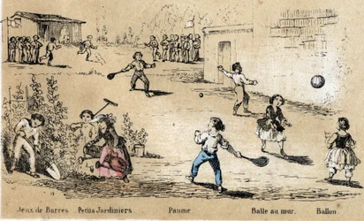 Descripción de los juegos y recreos infantiles: juegos de pelota y jardinería. Placa “los juegos de la infancia” en “Las recreaciones instructivas” Pintura sinóptica de Jules DELBRUCK, grabado de 1860. Colección privada