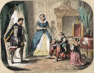 Descripción de los juegos y recreos infantiles: el Rey de Francia Enrique IV (1553-1610) jugando con sus hijos (probablemente Luis XIII y Isabel de Francia) frente al embajador español. La Reina María de Médicis está presente. Placa “les jeux de l