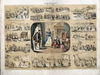 Descripción del ocio y juego de los niños: en el centro el Rey Enrique IV (1553-1610) jugando con sus hijos (probablemente Luis XIII y Isabel de Francia) frente al embajador español. La reina María de Médicis está presente.