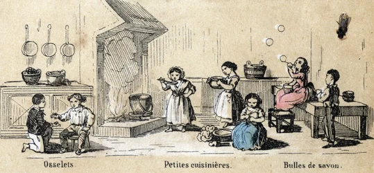 Descripción de los juegos y recreos infantiles: juegos de interior, osselets, niñas jugando a cocineras y burbujas de jabón. Placa “los juegos de la infancia” en “Las recreaciones instructivas” Pintura sinóptica de Jules DELBRUCK, grabado de 1860. Colecc