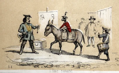 Descripción de diferentes productos y usos del burro: el burro sabio es utilizado por artistas de circo. en "Les Recreations instructives" pintura sinóptica de Jules DELBRUCK, grabado de 1860. Colección privada.