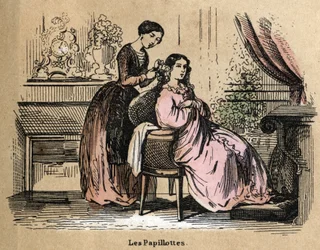 Descripción de los diferentes productos y usos del papel: láminas, piezas de papel utilizadas para separar el cabello por secadores. Placa “Le papier et ses produits” en “les Recreations instructives” Pintura sinóptica de Jules Delbruck, grabado de 1860.