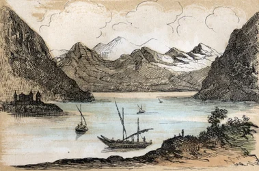 Descripción de los diferentes tipos de paisajes y relieves según la geografía: detalle que representa el Lago de Ginebra. Placa “Geografía Física” en “les Recreations instructives” Pintura sinóptica de Jules DELBRUCK, grabado de 1860. Colección privada