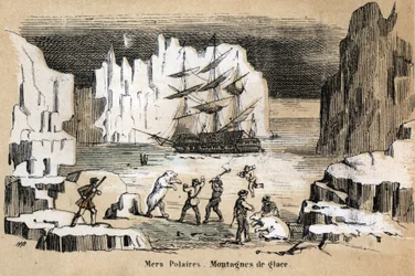 Descripción de los diferentes tipos de paisajes y relieves según la geografía: detalle que representa un paisaje ártico con osos polares, icebergs. Placa “Geografía Física” en “les Recreations instructives” Pintura sinóptica de Jules DELBRUCK, grabado de 1