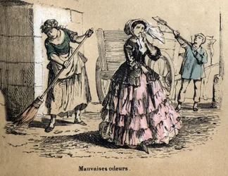 Descripción de los cinco sentidos: olfato, una burguesa tapándose las fosas nasales para no oler los malos olores del estiércol y el excremento. Placa “Les cinq sens” en “les Recreations instructives” Pintura sinóptica de Jules Delbruck, grabado de 1860.