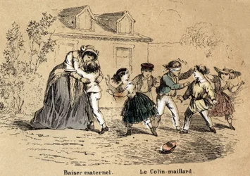 Descripción de los cinco sentidos: el tacto, una madre abrazando a su hijo para contacto maternal y el juego del collin-aillard. en "Les cinq sens" en "les Recreations instructives" pintura sinóptica de Jules Delbruck, grabado de 1860. Colección privada.