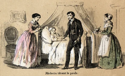 Descripción de los cinco sentidos: tacto, un médico tomando el pulso de una niña enferma. Placa “Los cinco sentidos” en “Las recreaciones instructivas” Pintura sinóptica de Jules Delbruck, grabado de 1860. Colección privada