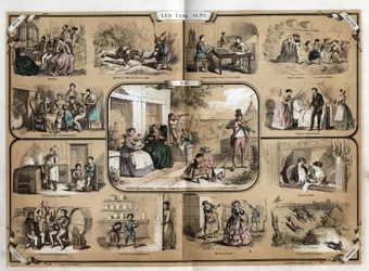 Descripción de los cinco sentidos: vista, de izquierda a derecha y de arriba a abajo, oído, tacto, olfato y gusto. Placa “Los cinco sentidos” en “Las recreaciones instructivas” Pintura sinóptica de Jules Delbruck, grabado de 1860. Colección privada
