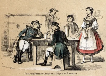 Descripción de las diversas etapas de fabricación y usos de la arcilla: productos de arcilla (estufa de loza, jarras, pipas y latas). Placa “La arcilla y sus productos” en “Les Recreations instructives” Pintura sinóptica de Jules DELBRUCK, grabado de 1860.