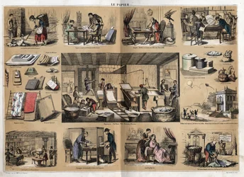 Descripción de los diversos productos y usos del papel: en el centro están las actividades en una papelería, fabricación de papel a partir de trapos, pulpa, formas y prensa. Varios usos, papel de dibujo, el científico Buffon escribiendo su Historia Natural