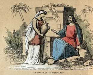 Descripción de las diversas etapas de fabricación y usos de la arcilla: Jesús y la Samaritana llevando una jarra de arcilla en la Biblia. Placa “La arcilla y sus productos” en “Les Recreations instructives” Pintura sinóptica de Jules DELBRUCK, grabado de 1