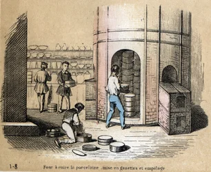 Descripción de las diversas etapas de fabricación y usos de la arcilla: vista de un horno de porcelana, gazetting y apilamiento. Placa “La arcilla y sus productos” en “Les Recreations instructives” Pintura sinóptica de Jules DELBRUCK, grabado de 1860. Cole