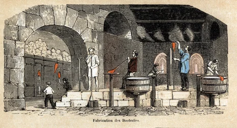 Descripción de las diversas etapas de fabricación y usos del vidrio: la fabricación de botellas en un taller de sopladores de vidrio. Placa “El vidrio y sus productos” en “Les Recreations instructives” Pintura sinóptica de Jules DELBRUCK, grabado de 1860. 