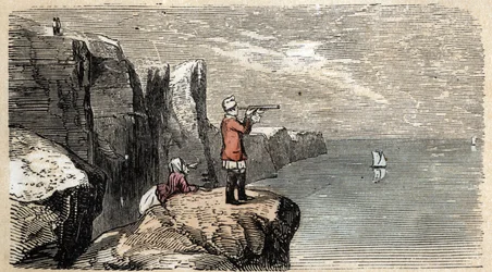 Descripción de las diversas etapas de fabricación y usos del vidrio: el uso de la larga vista para observar el regreso de los marineros que se fueron al mar. Placa “El vidrio y sus productos” en “Les Recreations instructives” Pintura sinóptica de Jules DEL