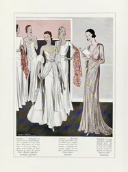 Design for Evening Dresses by Depouy-Magnin, Worth, and Redfern, from Art, Gout, Beaute, pub. 1931 (litografía en color)