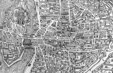 Detalle de un mapa de París en el reinado de Enrique II mostrando el quartier des Ecoles, 1552