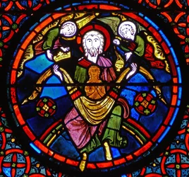 (detalle) de una ventana que representa la parábola de Lázaro y el rico: Lázaro en el seno de Abraham