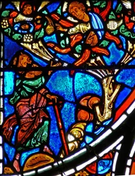 (detalle) de la parábola del Buen Samaritano: Dios se aparece a Moisés en una zarza ardiente