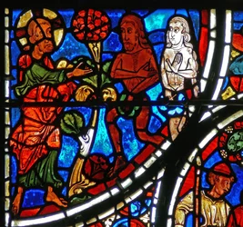 (detalle) de la parábola del Buen Samaritano: Dios confronta a Adán y Eva
