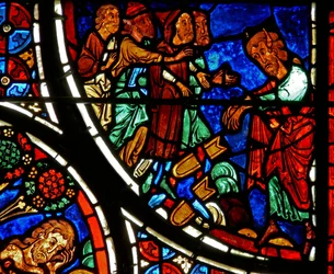 (detalle) de la parábola del Buen Samaritano: Moisés arroja las tablas