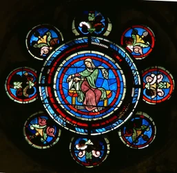 (detalle) de la ventana rosa norte que representa la Geometría de las Artes Liberales