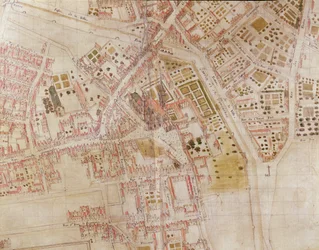 (detalle) de un Mapa de París mostrando la cima de Montagne Sainte-Genevieve, 1664