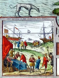 (detalle) de una vista del puerto de Cádiz mostrando el comercio con las Indias Occidentales