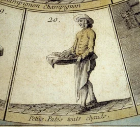 Detalle del juego de la Oca de los Gritos de París: comerciante de pasta caliente. Grabado del siglo XVIII. Coll. Salida
