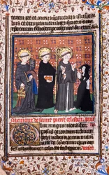 Devoto en oración ante San Pedro Celestino, San Benito y San Francisco