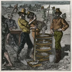 Lavado de diamantes en Sudáfrica en el siglo XIX. Grabado de 1885 en “Les arts et metiers illustres” por Adolphe BITARD.