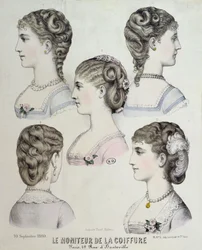 Diferentes peinados, placa de Le Moniteur de la Coiffure, 1880