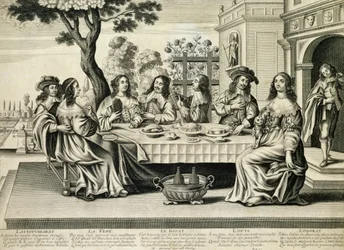 Comensales en una terraza con un jardín formal abajo, grabado por Balthazar Moncornet (c.1600-68)