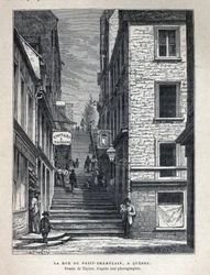 Descubre Canadá: Rue du Peute Champlain (Petity-Champlain) en Quebec. Dibujo de Taylor a partir de una fotografía. Grabado de finales del siglo XIX en "La nouvelle France" de Eugene Guenin.