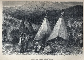 Descubrimiento de Canadá: Campamento de indios americanos con tipis. Dibujo de Riou a partir de un boceto de Dixon. Grabado de finales del siglo XIX en "La nouvelle France" de Eugene Guenin.