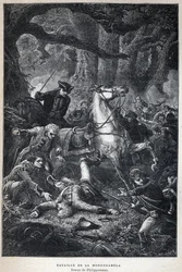 Descubrimiento de Canadá: Batalla de Monongahela en 1755 durante la Guerra de los Siete Años. Dibujo de Philippoteaux. Grabado de finales del siglo XIX en "La nouvelle France" de Eugene Guenin.