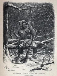 Descubrir Canadá: voluntario del ejército canadiense con raquetas de nieve. Dibujo de Dupuy. Grabado de finales del siglo XIX en 