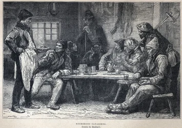 Descubre Canadá: Leñadores canadienses. Dibujo de Maillard. Grabado de finales del siglo XIX en "La nouvelle France" de Eugene Guenin.
