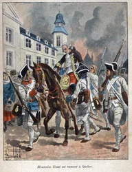 Descubrir Canadá: Louis Joseph de Montcalm (1712-1759) general francés herido durante el asedio de la ciudad de Quebec por los ingleses y llevado de regreso a Quebec en 1759. Grabado de finales del siglo XIX en 