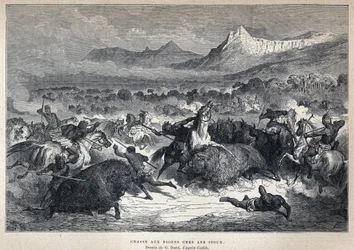 Descubrimiento de Canadá: Caza de bisontes sioux. Dibujo de Gustave Dore después de Catlin. Grabado de finales del siglo XIX en "La nouvelle France" de Eugene Guenin.