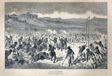 Descubrimiento de Canadá: Deporte. El juego de lacrosse de los indios americanos. Dibujo de Gustave Doré. Grabado de finales del siglo XIX en “La nueva Francia” de Eugene Guenin.