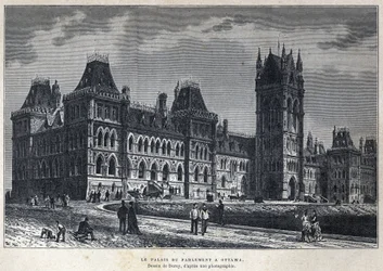 Descubrir Canadá: El Palacio del Parlamento en Ottawa. Dibujo de Deroy a partir de una fotografía. Grabado de finales del siglo XIX en 