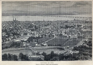 Descubrimiento de Canadá: vista de la ciudad de Montreal en 1875. Dibujo de Benoist después de una fotografía. Grabado de finales del siglo XIX en "La nouvelle France" de Eugene Guenin