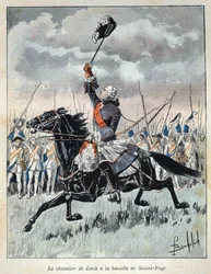 Descubrimiento de Canadá: Francois Gaston, conocido como Chevalier de Levis (1719-1787) alentando a sus tropas militares en la batalla de Saint Foy el 27 de abril de 1760 contra Inglaterra. Grabado de finales del siglo XIX en "La nouvelle France" de Eugene