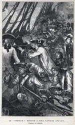 Descubrimiento de Canadá: Jacques Pierre de Taffanel de la Jonquiere (1685-1752) oficial naval francés al frente del barco francés "Le serieux" resistió a cinco barcos ingleses. Dibujo de Sahib. Grabado de finales del siglo XIX en "La nouvelle France" de E