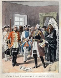 Descubrir Canadá: Louis de Buade, Conde de Frontenac (1622-1698) recibiendo al emisario del gobernador inglés de la colonia de Massachusetts (1651-1695) William Phips y le respondió 
